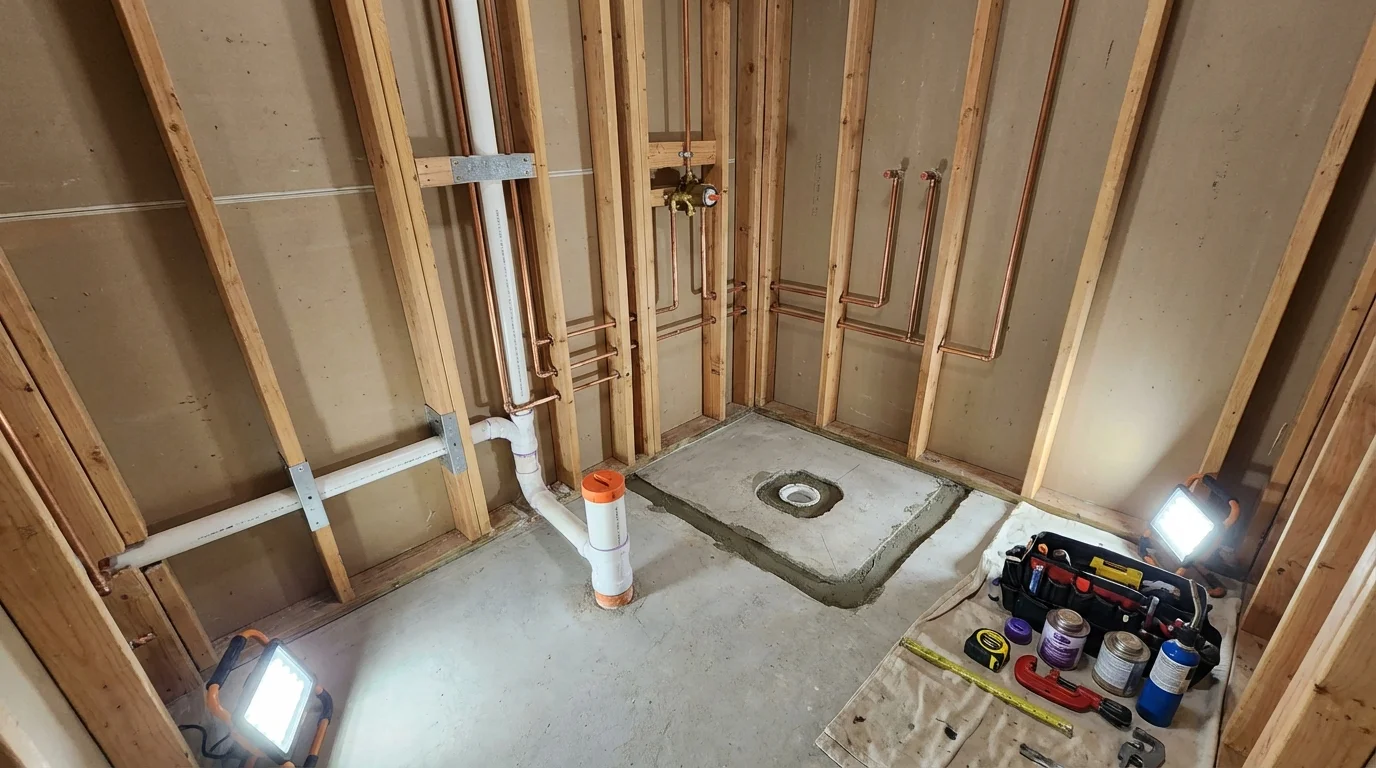 Bathroom rough-in plumbing during remodel by Johns Plumbing LLC in Seneca