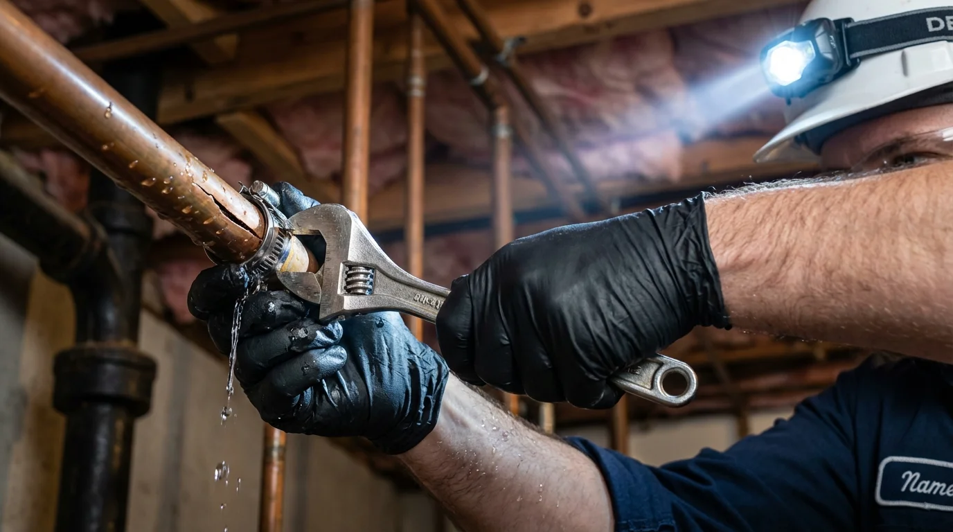 Emergency pipe clamp repair being performed by a Johns Plumbing LLC plumber in Seneca