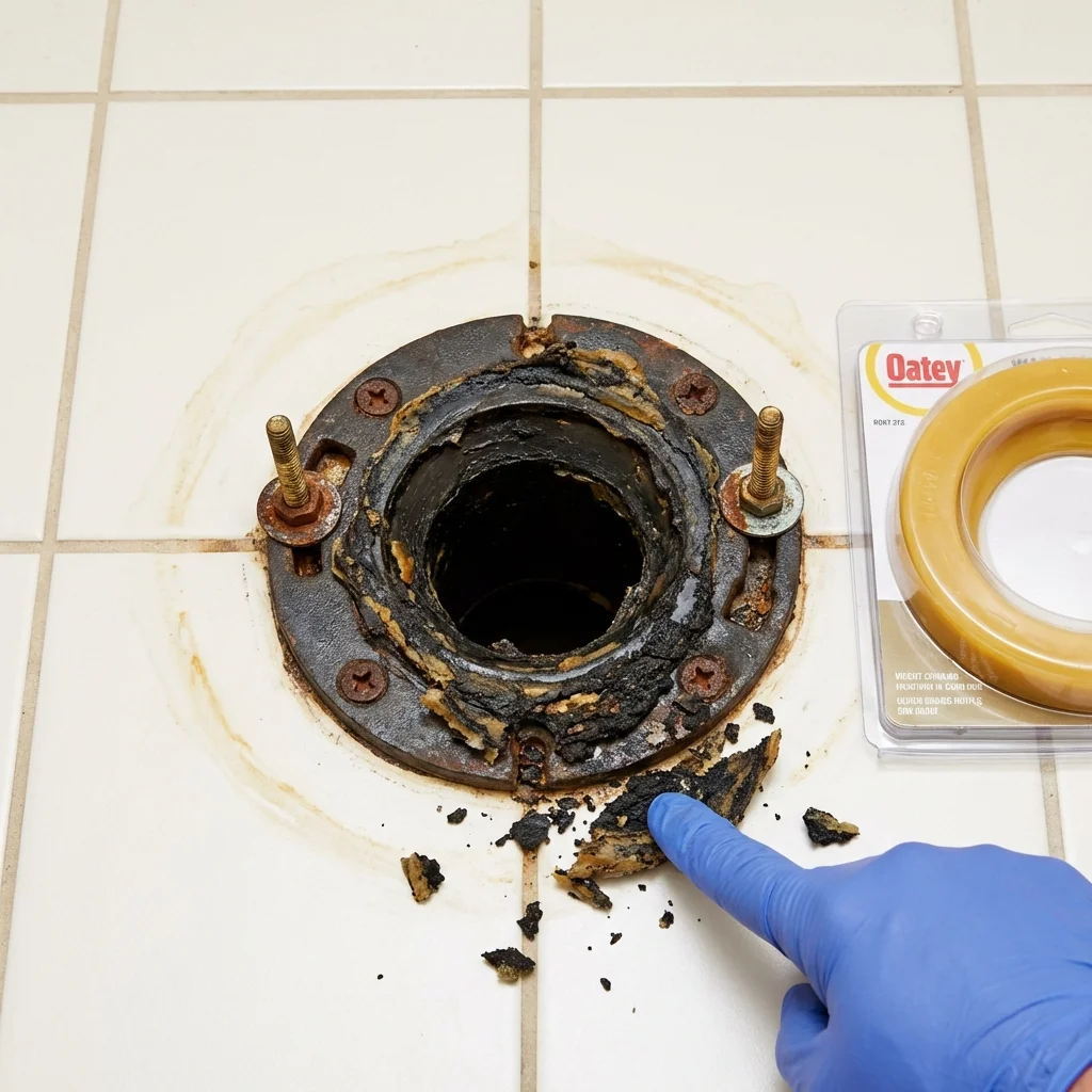 Failed wax ring showing water seepage at the base of a toilet in a Seneca, IL home