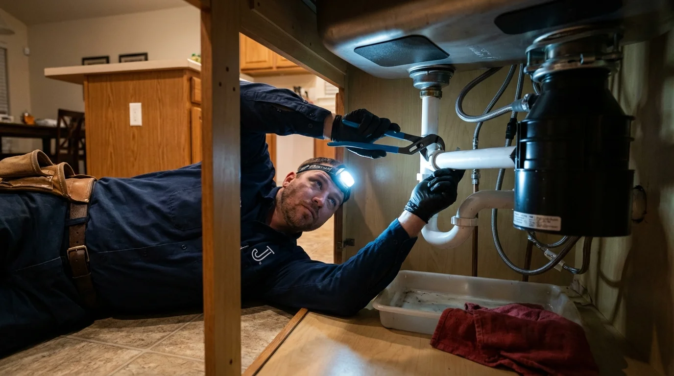 P-trap and supply line connections under a kitchen sink showing a common leak point in Seneca, IL